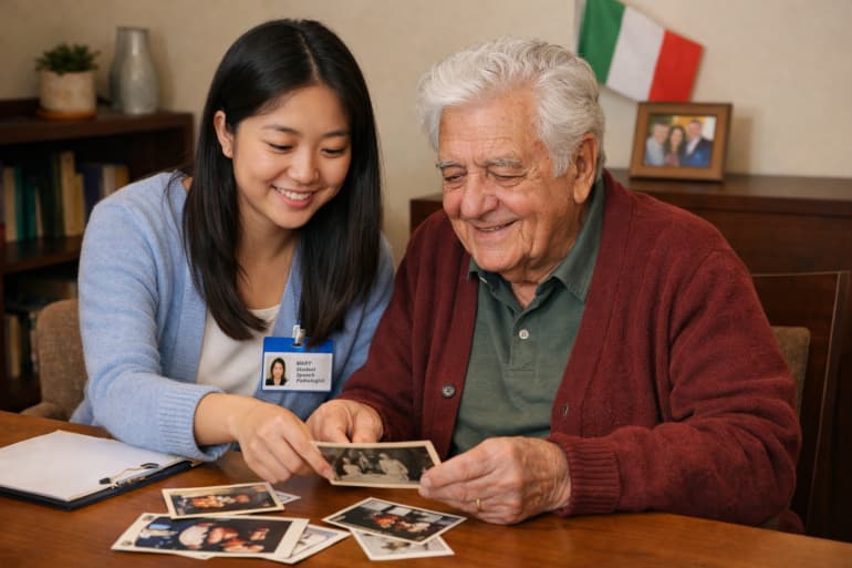 A volunteer sharing photos with an older adult